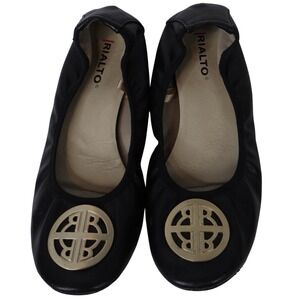 Rialto Black Leather Ballet Flats with Gold Logo Accent Women's Size 6.5